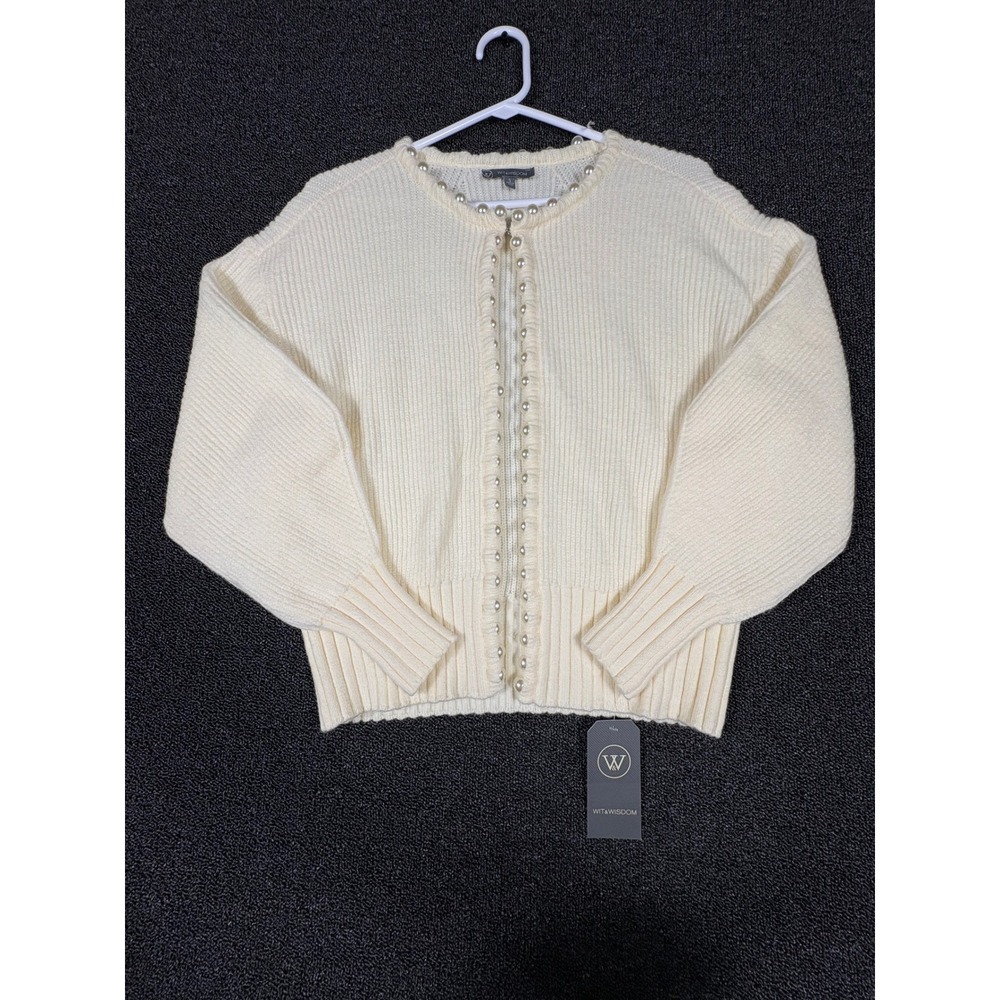 Wit & Wisdom Pearl beaded Ribbed Cardigan Sweater Womens S Dolman Sleeve Ivory